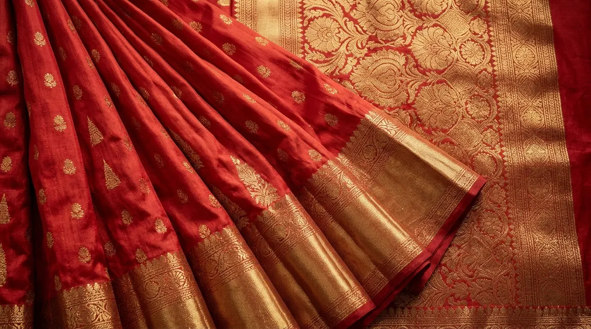 Simhavahini — Macro study of pleated sindoor-crimson and burnished gold zari silk pallu with floral and temple motifs