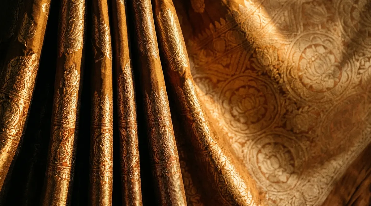 Macro photograph of sculptural antique gold Banarasi silk brocade folds with woven lotus mandala motifs catching golden sunlight