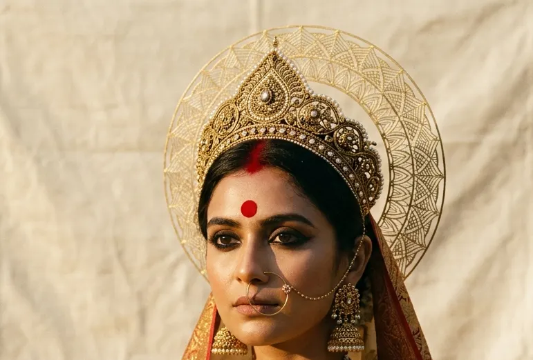 Close-up architectural study of an ornate antique gold filigree mukut crown and sacred golden halo above expressive kohl-rimmed eyes and a red sindoor bindi