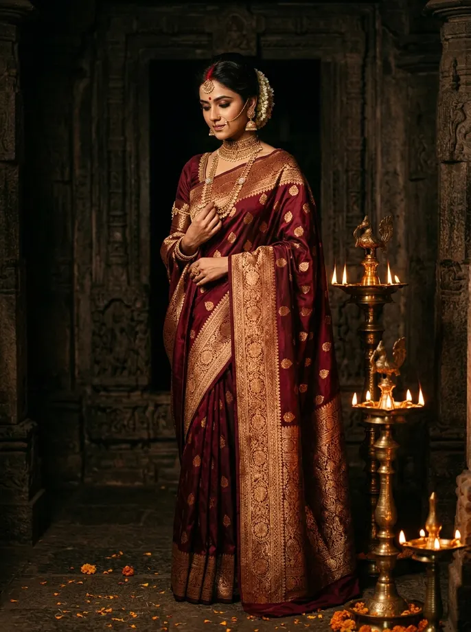 Rudrakshi — Bridal and devotional portrait in a deep sanctum-maroon and antique copper-gold kadwa Banarasi silk saree beside glowing brass diya lamps