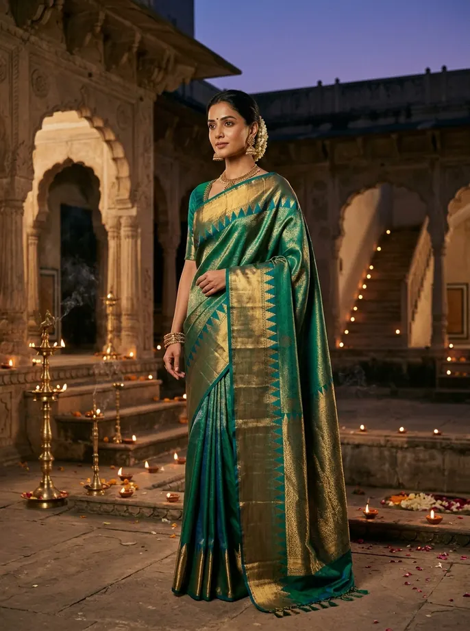 Mayurakshi — Iridescent peacock-emerald and burnished gold Kanjeevaram silk saree with traditional temple korvai border in a candlelit palace courtyard