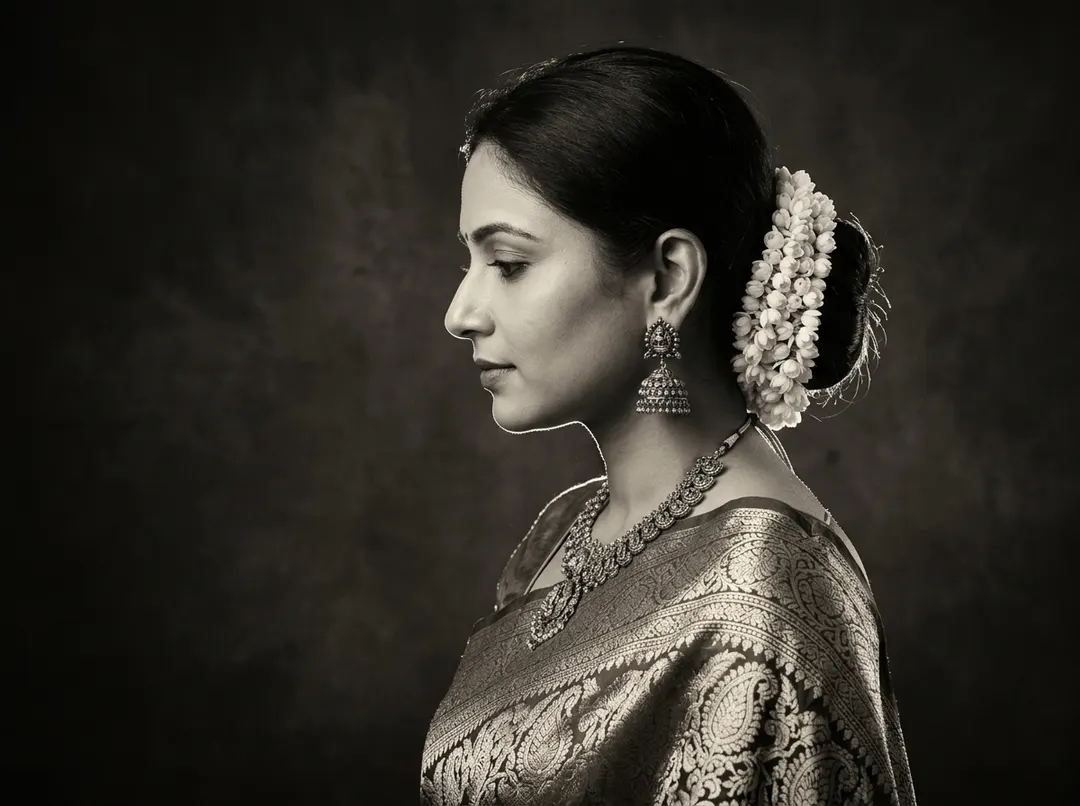 Monochrome chiaroscuro side-profile portrait of an Indian woman wearing a silk brocade saree, fresh white jasmine gajra around her hair bun, and antique temple jhumka earrings
