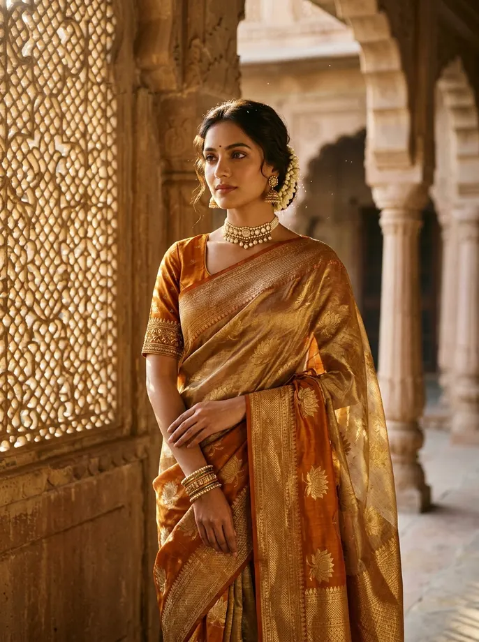 Kanakambari — Handwoven molten-gold tissue and warm saffron-amber Banarasi brocade silk saree with lotus zari motifs beside sandstone lattice screens