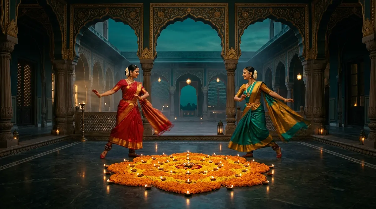Two classical Indian dancers in a twilight emerald palace courtyard facing each other across a glowing marigold and diya mandala—the left dancer in crimson-red and gold Banarasi silk, the right dancer in peacock-teal and gold Kanjeevaram silk
