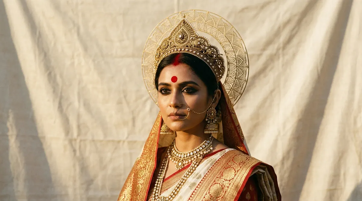Editorial portrait of a South Asian woman adorned in an antique gold filigree crown and solar halo against raw ivory silk, wearing a crimson and gold bordered korial silk saree