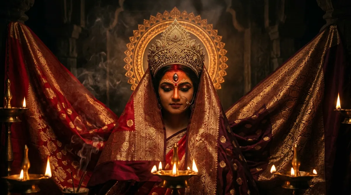Regal devotional portrait of Goddess Durga adorned in an antique gold filigree mukut crown and third-eye sindoor tilak, framed by flowing crimson and burnished gold Banarasi silk drapery and glowing brass diya lamps
