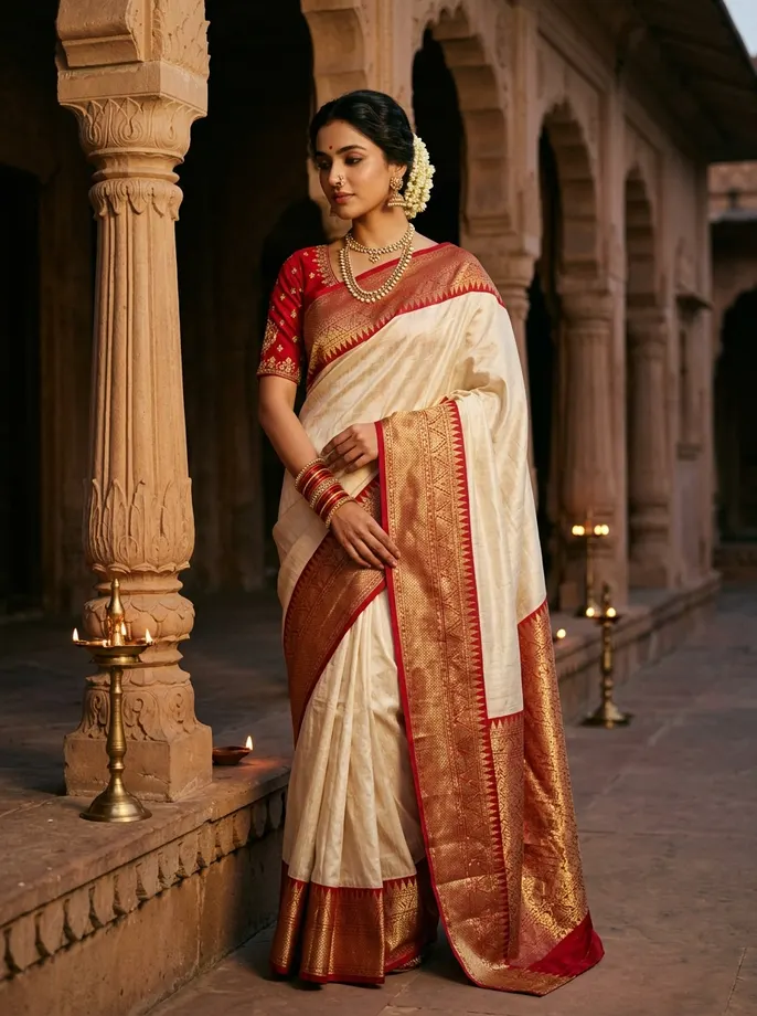 Aparajita — Poised model in a sacred ivory raw silk Korial saree with a wide crimson-red and antique gold temple border in a sandstone colonnade